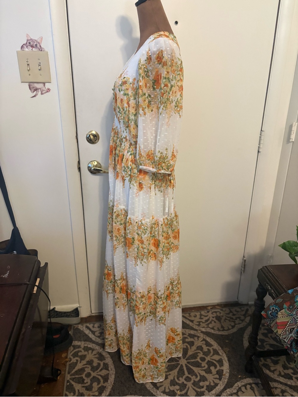 Melonie Women Sz 12 Floral buttoned smocked tie balloon sleeve V-Neck Maxi Dress - Picture 5 of 12